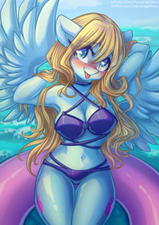 Size: 3508x4961 | Tagged: safe, artist:chaosangeldesu, derpibooru import, oc, oc:lusty symphony, anthro, pegasus, bikini, blushing, clothes, commission, legs together, looking at you, ocean, smiling, smiling at you, solo, swimsuit, tongue, tongue out, water, ych result