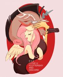 Size: 1884x2304 | Tagged: safe, artist:sadistjolt, derpibooru import, discord, fluttershy, draconequus, pegasus, pony, blushing, confession, covering eyes, dialogue, discoshy, embarrassed, female, hug, male, mare, shipping, straight