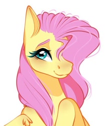 Size: 488x546 | Tagged: safe, artist:symphstudio, derpibooru import, fluttershy, pegasus, pony, bust, female, hair over one eye, looking at you, mare, portrait, simple background, smiling, smiling at you, solo, white background