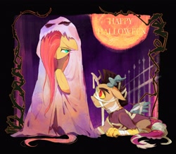 Size: 2924x2545 | Tagged: safe, artist:sadistjolt, derpibooru import, discord, fluttershy, draconequus, pegasus, pony, bandage, clothes, costume, discoshy, female, filly, filly fluttershy, foal, full moon, ghost costume, halloween, halloween costume, holiday, male, mare, moon, shipping, straight, young discord, young fluttershy, younger, younger fluttershy