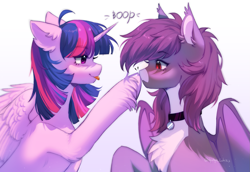 Size: 1893x1301 | Tagged: safe, artist:tyutya, derpibooru import, twilight sparkle, twilight sparkle (alicorn), oc, oc:pestyskillengton, alicorn, bat pony, pony, blushing, boop, chest fluff, collar, ear fluff, ears, gradient background, horn, tongue, tongue out, wings