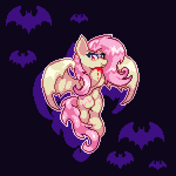 Size: 1350x1350 | Tagged: safe, artist:mariothepixelarter, derpibooru import, fluttershy, bat, bat pony, pony, bat ponified, black background, blood, female, flutterbat, looking at you, mare, pixel art, race swap, simple background, solo