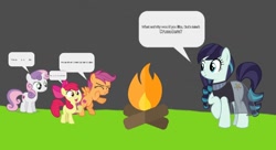 Size: 1080x588 | Tagged: safe, artist:hako33, derpibooru import, edit, apple bloom, coloratura, scootaloo, sweetie belle, earth pony, pegasus, pony, unicorn, campfire, cutie mark crusaders, female, illegible, unreadable text