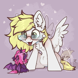 Size: 2048x2048 | Tagged: safe, artist:dorkmark, derpibooru import, oc, bat pony, changedling, changeling, hybrid, pegasus, pony, chest fluff, glasses, happy, heart, oc x oc, plushie, shipping, tail, tail wag, wings