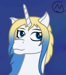 Size: 882x996 | Tagged: safe, artist:maître cervidé, derpibooru import, oc, oc only, oc:loopina, unicorn, animated, blue background, bust, commission, ear flick, ears, female, floppy ears, gif, portrait, signature, simple background, solo, ych result