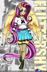 Size: 792x1224 | Tagged: safe, artist:inkkeystudios, derpibooru import, fluttershy, anthro, pegasus, clothes, edgy, emo, fishnets, gameloft, goth, jewelry, makeup, punk, skirt, socks, solo, thigh highs