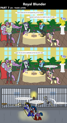 Size: 1920x3516 | Tagged: safe, artist:platinumdrop, derpibooru import, commander hurricane, derpy hooves, fluttershy, princess platinum, private pansy, rainbow dash, rarity, spike, dragon, pegasus, pony, unicorn, comic:royal blunder, 20% cooler, 3 panel comic, abuse, alternate universe, ankle cuffs, armor, ball and chain, bars, beefspike, bone, bowl, bust, cake, cape, chained, chains, clothes, column, comic, commission, crown, cuffed, cuffs, dead, derpybuse, dialogue, door, drink, drinking, dungeon, ears, ears back, eating, eyes closed, female, floppy ears, flower, folded wings, food, garden, gem, gigachad spike, glowing, glowing horn, gold, guard, hat, hoof hold, horn, indoors, jail, jail cell, jewelry, magic, makeup, male, mare, muffin, older, older derpy hooves, older fluttershy, older rainbow dash, older rarity, older spike, open mouth, pillar, plant, platinum, pleading, princess, prison, prison cell, prison outfit, prison stripes, prisoner, punishment, regalia, restraints, royal, royalty, sad, shackles, sitting, skeleton, spear, speech bubble, spider web, stallion, statue, table, tablecloth, talking, tea, tea party, teapot, telekinesis, torch, uniform, vase, walking, wall of tags, weapon, window, wings
