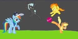 Size: 1080x547 | Tagged: safe, artist:hako33, derpibooru import, edit, applejack, rainbow dash, spitfire, thunderlane, earth pony, pegasus, pony, comic:sports up, ball, female, kicking, male, mare, referee rainbow dash, stallion