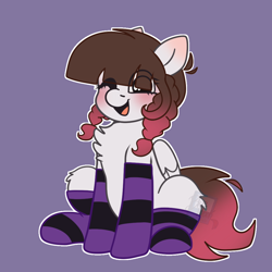 Size: 1048x1048 | Tagged: safe, derpibooru import, oc, oc only, oc:arwencuack, pegasus, blushing, chest fluff, clothes, ear blush, one eye closed, purple background, simple background, socks, solo, striped socks