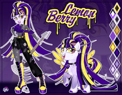 Size: 1280x996 | Tagged: safe, artist:emperor-anri, derpibooru import, oc, oc only, oc:lemon berry, human, pegasus, pony, equestria girls, belt, body freckles, boots, chains, clothes, coat markings, color palette, colored hooves, colored wings, colored wingtips, ear piercing, earring, electric guitar, eyeshadow, fangs, female, fishnet pantyhose, freckles, gem, golden eyes, gradient legs, guitar, hand on hip, high ponytail, hoof polish, jewelry, leg freckles, lipstick, long hair, long mane, long tail, magical lesbian spawn, makeup, mare, mismatched shoes, musical instrument, nail polish, offspring, open mouth, pale belly, pants, parent:adagio dazzle, parent:trixie, parents:triagio, pegasus oc, piercing, pin, ponytail, punk, purple background, purple lipstick, raised hoof, raised leg, reference sheet, ripped pants, self paradox, self ponidox, shoes, simple background, siren gem, skull, smiling, socks (coat marking), sparkles, spread wings, standing, tail, torn clothes, wings