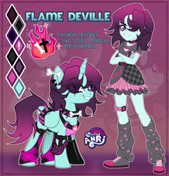 Size: 1280x1335 | Tagged: safe, artist:emperor-anri, derpibooru import, oc, oc:flame deville, alicorn, human, pony, equestria girls, alicorn oc, belt, choker, clothes, collar, collarbone, color palette, commission, crossed arms, ear piercing, earring, eye clipping through hair, eyeshadow, fingerless gloves, gloves, gradient hair, gradient mane, gradient tail, grin, horn, jewelry, leg warmers, looking at you, makeup, piercing, pink background, punk, purple eyes, self paradox, self ponidox, shirt, shoes, simple background, skirt, smiling, sneakers, spiked collar, standing, t-shirt, tail, wing brace, wings