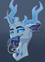 Size: 959x1322 | Tagged: safe, artist:minty--fresh, derpibooru import, oc, changedling, changeling, blue eyes, bust, changedling oc, changeling oc, forked tongue, headshot commission, horns, mandibles, portrait, proboscis, sharp teeth, solo, teeth