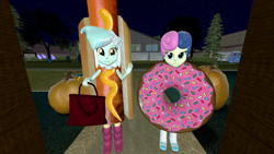 Size: 1920x1080 | Tagged: safe, artist:oatmeal!, derpibooru import, bon bon, lyra heartstrings, sweetie drops, human, equestria girls, 3d, accessory swap, bag, bone, candy bag, clothes, costume, donut, donut costume, food, food costume, gmod, group, halloween, halloween costume, holiday, hot dog, hot dog costume, le lenny face, looking at you, meat, mustard, night, pumpkin, sauce, sausage, shipping, skeleton, sprinkles, trick or treat