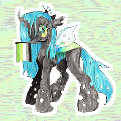 Size: 1280x1280 | Tagged: safe, artist:larvaecandy, derpibooru import, queen chrysalis, changeling, changeling queen, pony, aromantic, aromantic pride flag, pride, pride flag, solo, traditional art