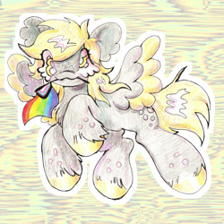 Size: 1280x1280 | Tagged: safe, artist:larvaecandy, derpibooru import, derpy hooves, pegasus, pony, pride, pride flag, progress pride flag, solo, spread wings, traditional art, wings