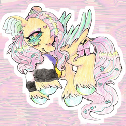 Size: 1280x1280 | Tagged: safe, artist:larvaecandy, derpibooru import, fluttershy, pegasus, pony, fangs, nonbinary, nonbinary pride flag, pride, pride flag, solo, traditional art