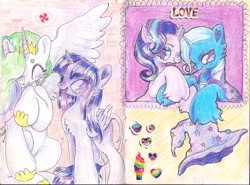 Size: 1577x1166 | Tagged: safe, artist:larvaecandy, derpibooru import, princess celestia, starlight glimmer, trixie, twilight sparkle, twilight sparkle (alicorn), alicorn, pony, unicorn, clothes, female, hat, lesbian, shipping, startrix, traditional art, trixie's hat