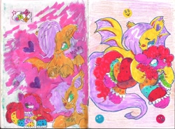 Size: 1589x1170 | Tagged: safe, artist:larvaecandy, derpibooru import, fluttershy, pinkie pie, bat pony, earth pony, pony, bat ponified, clown, clown nose, flutterbat, pinkamena diane pie, race swap, red nose, traditional art