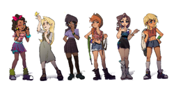 Size: 2545x1290 | Tagged: safe, artist:renjia254, derpibooru import, applejack, fluttershy, pinkie pie, rainbow dash, rarity, twilight sparkle, human, human coloration, humanized, mane six, natural eye color, natural hair color, pixel art