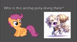 Size: 1080x597 | Tagged: safe, ai content, derpibooru import, edit, machine learning generated, scootaloo, oc, original species, pegasus, plane pony, pony, airship, duo, female, filly, foal, mare, meme, plane, text, wat