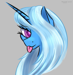 Size: 1263x1302 | Tagged: safe, artist:renarde-louve, derpibooru import, trixie, pony, unicorn, :p, bust, gray background, hair over one eye, lidded eyes, portrait, simple background, solo, tongue, tongue out