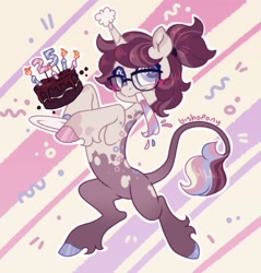 Size: 1959x2048 | Tagged: safe, artist:bishopony, derpibooru import, oc, oc only, classical unicorn, pony, unicorn, abstract background, bipedal, birthday, birthday cake, blush scribble, cake, cloven hooves, food, hat, hoof hold, horn, leonine tail, male, party hat, party horn, ponysona, solo, stallion, unshorn fetlocks