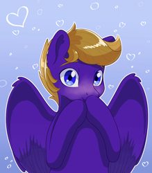 Size: 1920x2194 | Tagged: safe, artist:maravor, derpibooru import, oc, oc only, oc:wing front, pegasus, pony, blue eyes, blushing, brown mane, bust, heart, male, pegasus oc, purple fur, simple background, solo, wings