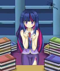 Size: 1600x1886 | Tagged: safe, artist:zythy, derpibooru import, twilight sparkle, human, arm boob squeeze, between breasts, book, bookshelf, breasts, clothes, cutie mark on human, deviantart watermark, female, humanized, necktie, obtrusive watermark, pile of books, side slit, skirt, solo, watermark