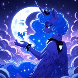 Size: 1024x1024 | Tagged: safe, ai content, derpibooru import, machine learning generated, princess luna, anthro, detailed, ethereal mane, ethereal tail, hand, night, sad, tail, wings, wings down