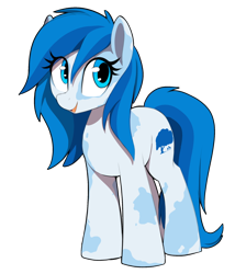 Size: 900x1050 | Tagged: safe, artist:thebatfang, oc, oc only, earth pony, pony, blue coat, blue eyes, blue mane, female, long mane, looking sideways, mare, open mouth, open smile, piebald, smiling, solo, spotted