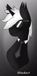 Size: 1306x2632 | Tagged: safe, artist:blacksun nuller, derpibooru import, oc, oc:blacksun, unicorn, bust, injured, necktie, smiling, sunglasses, white mane