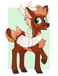 Size: 1900x2500 | Tagged: safe, artist:pink-pone, derpibooru import, oc, oc only, oc:pavlos, deer, original species, peryton, antlers, bandage, broken bone, broken wing, cast, cloven hooves, colored background, colored hooves, colored wings, deerified, folded wings, freckles, happy, injured, male, short tail, simple background, sling, solo, species swap, stag, tail, wings