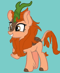 Size: 600x733 | Tagged: safe, artist:vanilla5751, derpibooru import, oc, oc only, oc:maple blossom, kirin, blue background, brown eyes, cloven hooves, colored hooves, cute, grin, kirin oc, leonine tail, orange mane, orange tail, simple background, smiling, solo, standing, tail