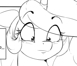 Size: 659x567 | Tagged: safe, artist:thelunarmoon, derpibooru import, princess celestia, alicorn, pony, black and white, blush scribble, bust, close-up, ears, eye clipping through hair, eyebrows, eyebrows visible through hair, female, floppy ears, grayscale, looking down, mare, monochrome, solo
