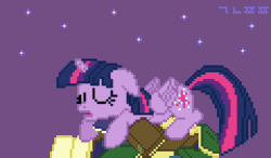 Size: 600x350 | Tagged: safe, artist:gonicfanfic, derpibooru import, twilight sparkle, twilight sparkle (alicorn), alicorn, pony, adorkable, animated, book, book nest, bubble, cute, dork, folded wings, gif, open mouth, pile of books, pixel art, purple background, simple background, sleeping, snoring, solo, that pony sure does love books, wings