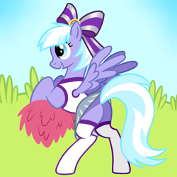 Size: 4000x4000 | Tagged: safe, artist:wtfponytime, derpibooru import, lilac sky, pegasus, pony, g4, bipedal, blue eyes, blue mane, bow, butt, cheerleader, cheerleader outfit, clothes, cloudsdale cheer ponies, female, hair bow, mare, plot, rear view, short hair, show accurate, simple background, simple shading, smiling, socks, solo