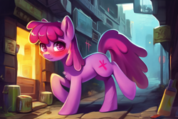 Size: 896x600 | Tagged: safe, ai content, derpibooru import, generator:stable diffusion, machine learning generated, berry punch, berryshine, earth pony, pony, background pony, blushing, chest fluff, cute, female, looking at you, low quality, mare, prompter:verfirmed, side view, solo, walking, wrong cutie mark