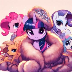 Size: 944x944 | Tagged: safe, ai content, derpibooru import, machine learning generated, pinkie pie, rarity, twilight sparkle, pony, clothes, fur coat, jewelry, necklace, winter, winter outfit