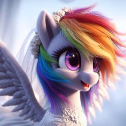 Size: 1024x1024 | Tagged: safe, ai content, derpibooru import, generator:dall-e 3, machine learning generated, rainbow dash, pegasus, pony, clothes, dress, floral head wreath, flower, flower in hair, happy, open mouth, spread wings, wedding dress, wings