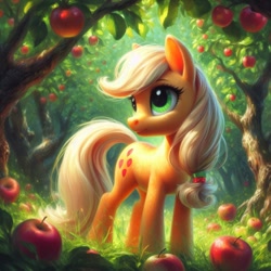 Size: 1024x1024 | Tagged: safe, ai content, derpibooru import, machine learning generated, applejack, pony, apple, apple tree, food, forest, grass, lighting, scenery, scenery porn, solo, tree, wrong cutie mark