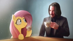 Size: 1920x1080 | Tagged: safe, artist:makaryo, derpibooru import, fluttershy, human, pegasus, pony, cup, duo, duo male and female, female, hoof hold, keanu reeves, looking at each other, looking at someone, male, mare, realistic, redraw, signature, smiling, teacup