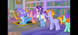 Size: 1600x720 | Tagged: safe, derpibooru import, screencap, auburn vision, peppermint goldylinks, starlight glimmer, strawberry swing, trixie, water spout, earth pony, pegasus, pony, unicorn, the ending of the end, bookshelf, colt, evacuation, female, filly, foal, friendship student, library, male, mare, school of friendship, stallion