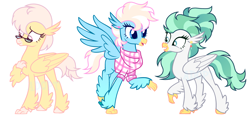 Size: 4630x2165 | Tagged: safe, artist:vi45, derpibooru import, oc, oc only, classical hippogriff, hippogriff, adoptable, closed mouth, clothes, colored hooves, ear piercing, earring, female, folded wings, glasses, grin, hippogriff oc, jewelry, leg fluff, open mouth, piercing, shirt, show accurate, simple background, smiling, spread wings, trio, white background, wings