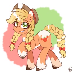 Size: 1280x1280 | Tagged: safe, artist:galaxy swirl, derpibooru import, applejack, earth pony, pony, alternate design, bow, braid, braided pigtails, braided tail, cute, eye clipping through hair, female, freckles, hair bow, hat, jackabetes, mare, pigtails, smiling, solo, tail, unshorn fetlocks