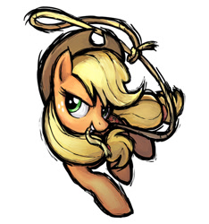 Size: 640x685 | Tagged: safe, artist:mane6, derpibooru import, applejack, earth pony, pony, fighting is magic, action pose, female, grin, lasso, mare, mouth hold, rope, simple background, smiling, solo, standing, standing on one leg, white background