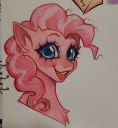 Size: 2253x2434 | Tagged: safe, artist:tendocake, derpibooru import, pinkie pie, earth pony, pony, big eyes, colored pencil drawing, looking at you, smiling, smiling at you, solo, traditional art