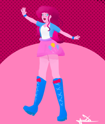 Size: 2000x2362 | Tagged: safe, artist:c0r0nad04z, derpibooru import, pinkie pie, equestria girls, abstract background, boots, clothes, high heel boots, jacket, open mouth, shirt, shoes, simple background, skirt, vest