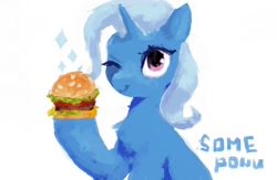 Size: 936x612 | Tagged: safe, artist:some_ponu, derpibooru import, trixie, pony, unicorn, burger, female, food, hoof hold, looking at you, mare, one eye closed, simple background, smiling, solo, sparkles, white background, wink, winking at you