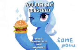 Size: 936x612 | Tagged: safe, alternate version, artist:some_ponu, derpibooru import, trixie, pony, unicorn, burger, female, food, hoof hold, looking at you, mare, one eye closed, simple background, smiling, solo, sparkles, text, white background, wink, winking at you