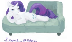 Size: 1154x674 | Tagged: safe, artist:some_ponu, derpibooru import, rarity, pony, unicorn, draw me like one of your french girls, female, lidded eyes, looking at you, lying down, mare, simple background, sofa, solo, white background